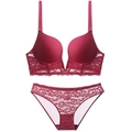 Conjunto de lencería de encaje burdeos con sujetador push-up y braga transparente - 70B / Burdeos