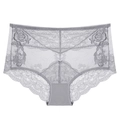 Elegant grey floral lace panties with breathable mesh and scalloped edges on white backdrop - Gray