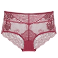 Wine red floral lace panties with sheer mesh and scalloped edges on white background - Red