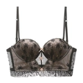 Black lace U-back bra with gold embroidery and pink ribbon bows in a flat lay view - 70B / Tops / Black