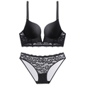 Conjunto de lencería de encaje negro sexy con sujetador de escote en V y braguita - 70B / Negro