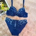 Blauwe luipaardprint kant lingerie set met push-up beha en bijpassend slipje - 70B / Blauw