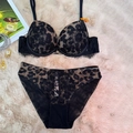 Lingerieset met luipaardprint, zwart bloemenkant en transparante mesh details - 70B / Zwart