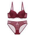 Seductive wine red lace lingerie set with floral embroidery and sheer mesh details - 70A / Top And Bottom / Burgundy