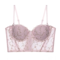 Pink French luxury lace bustier bra with gold floral embroidery and mesh details - S / Pink
