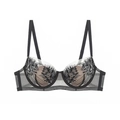 Close-up of black floral lace embroidery and sheer mesh detail on underwire bra - 70B / Tops / Black