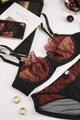 Lace bra and panty set in black and burgundy with eyelash details and accessories - 75B / Red & Black Set