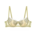 Detail of light green floral embroidery on sheer lace cup and adjustable strap - 70B / Tops / Green