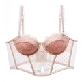 Corsé de encaje rosa de estilo francés con lunares y tirantes con volantes en fondo blanco - S / Rosa