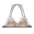 Close-up of contrast lace embroidery on French triangle cup wireless bralette lingerie - S / Gray