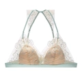 Detail of mint green triangle cup bra with floral embroidery and sheer mesh overlay - S / Mint Green