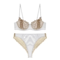 Elegant pearl white lace lingerie set with gold floral embroidery and satin finish - M / White