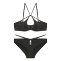Completo intimo sexy in raso nero con pizzo a ciglia e spalline incrociate - S / Nero