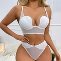 Conjunto de lencería push-up blanco con escote en U profundo tanga de malla y collar dorado - 70B / Blanco