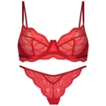 Detailweergave van een rode kanten lingerieset met een semi-transparante beugelbeha en string - S / Rood