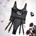 Sexy zwarte transparante mesh bodysuit met gouden kettingen en kousenbanden - S / Zwart