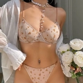 Ensemble lingerie en maille beige transparente à motifs cœurs jaunes et armature - S / Haut Et Bas / Marron