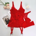 Ensemble lingerie 3 pièces en dentelle rouge avec corset structuré et bas assortis - S / Rouge (Avec Bas)
