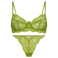 Detail van de olijfgroene bloemenkant lingerie set met beugelbeha en bijpassende string - S / Groen