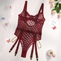 Bourgondische mesh bodysuit met gouden metalen kettingen en verstelbare jarretels - S / Bordeauxrood