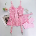 Ensemble lingerie en dentelle rose avec soutien-gorge corset et porte-jarretelles - S / Rose (Avec Bas)