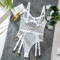 Witte mesh bodysuit met gouden kettingen en verstelbare jarretelgordels voor dames - S / Wit