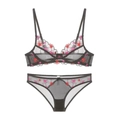 Zweiteiliges schwarzes transparentes Dessous-Set mit rosa Herzstickerei und Spitze - 70B / Schwarz mit Herzbestickung
