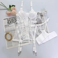Ensemble lingerie dentelle blanche avec corset baleiné, soutien-gorge et jarretelles - S / Blanc (Avec Bas)