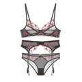 Dreiteiliges schwarzes Dessous-Set aus Netzstoff mit roten Herzstickereien und Spitze - 70B / Schwarz Kontrast Blumen Dreiteilig