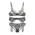 Dreiteiliges Set aus schwarzem transparentem Mesh mit Herzstickerei und Spitze - 70B / Schwarzes 3-teiliges Set