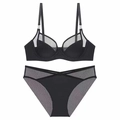 French style black lingerie set with lace mesh cups and silver metal ring details - 70B / Black