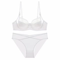 French-style white satin lingerie set with mesh panels and underwire bra for women - 70B / White