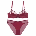 French style wine red lace lingerie set with mesh patchwork and soft underwire support - 70B / Burgundy