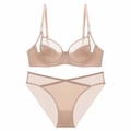 Elegant beige lingerie set with sheer mesh paneling and satin finish bra with matching panty - 70B / Nude