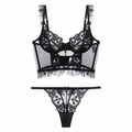 French lace bustier lingerie set with floral patterns and fishbone support in black - S / Top And Bottom / Black