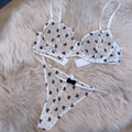 Ensemble de lingerie en maille transparente blanche avec nœuds noirs, soutien-gorge et thong - S / Blanc + Thong