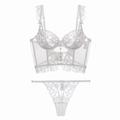 White French floral lace bustier set with ruffles and matching mesh thong underwear - S / Top And Bottom / White
