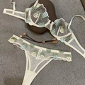White sheer mesh lingerie set with colorful pineapple embroidery and wire support - S / Beige