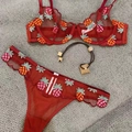 Red sheer mesh lingerie set with colorful pineapple embroidery and scallop lace trim - S / Red