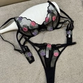 Schwarzes transparentes Mesh-Lingerie-Set mit bunter Ananas-Stickerei in Größe M - S / Schwarz