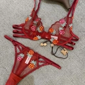Rotes Dessous-Set aus Netzstoff mit gelber Ananas-Stickerei und feinen Trägern in Größe M - S / Rot