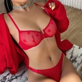 Rotes Dessous-Set aus transparenter Spitze mit Blumenstickerei und Bügel-BH - S / Rot