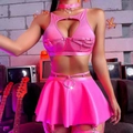 Hot pink faux leather lingerie set with lace-up cutout bra and pleated mini skirt - XS / Pink