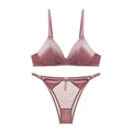 French style thin velvet triangle cup wireless bra and panty set in dusty rose - S / Top And Bottom / Pink