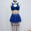 Three-piece dark blue lace sexy lingerie set with cutout top pleated skirt and fishnet stockings - XS / Blue