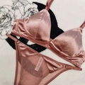 Σετ σατέν bralette και διχτυωτό σλιπ σε χρώμα σάπιο μήλο και γαλλικό τριγωνικό στυλ - S / Ροζ