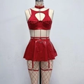 Red lace and shiny faux leather lingerie set with choker and garters on white mannequin - XS / Top And Bottom / Red