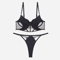 Sujetador corsé de malla negra sexy con aros y conjunto de tanga para mujer - Sujetador y Tanga Negro