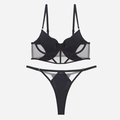 Conjunto de lencería sexy de malla negra con sujetador con aro y tanga fino - XL / Negro + Tanga