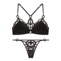 Sexy black lace lingerie set with geometric hollow-out design and metal ring detail - Black + Thong